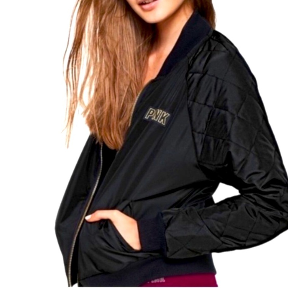 Victoria’s Secret PINK logo black & gold quilted bomber jacket limited edition S
